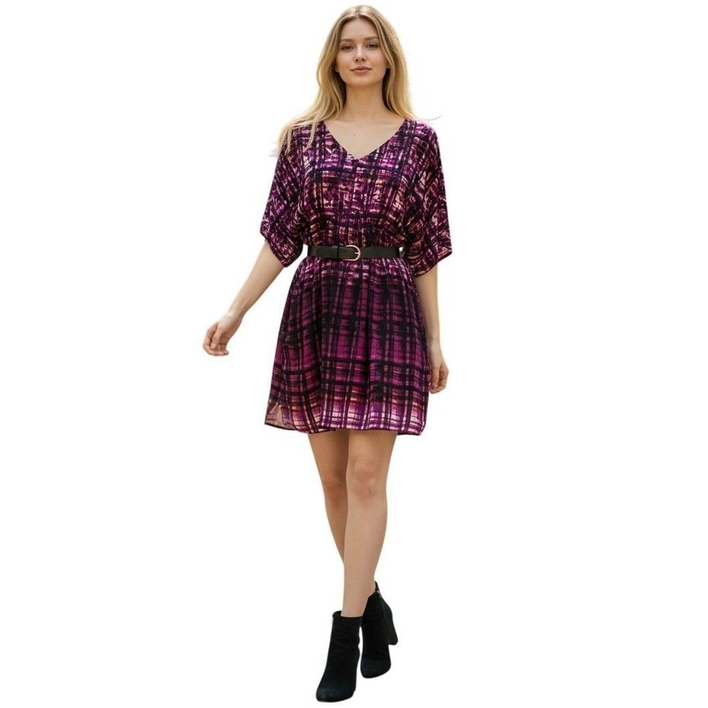 Maeve Anthropologie Purple Abstract Plaid Dolman Sleeve‎ Dress S/M Boho Artsy